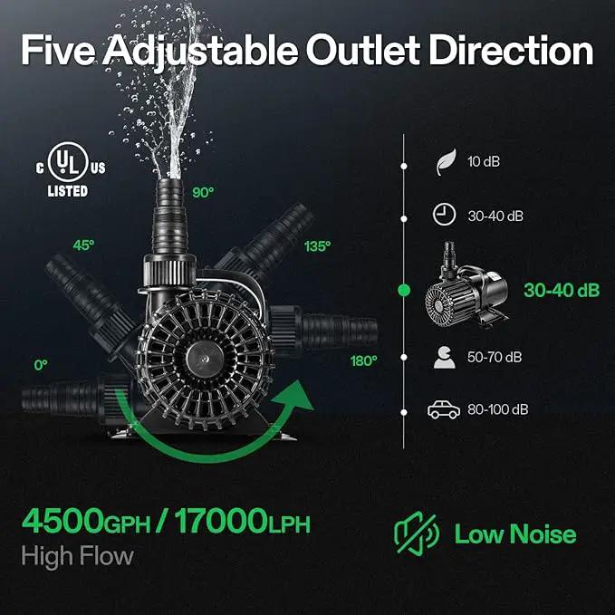VIVOSUN 4500 GPH Submersible Water Pump, 220W Pond Pump, Ultra Quiet Aquarium Pump with 19FT. Lift Height for Pond Waterfall, Fish Tank, Statuary, or Hydroponics by GreenHaven Gardens