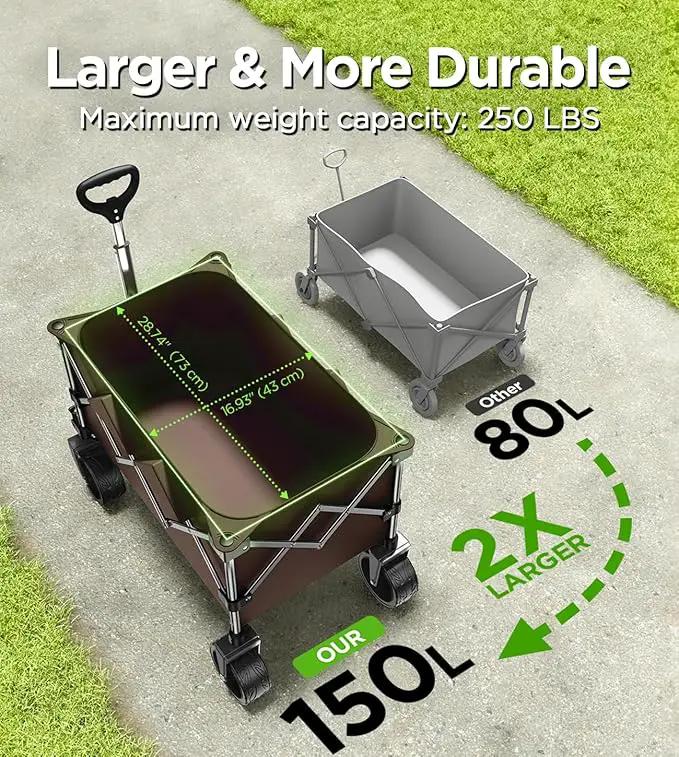 Beach Wagon,CollapsibleWagon 220lbs with Big Wheels Foldable Wagon Carts,Portable Utility for Garden Grocery Sports Camping All Terrain-Khaki by GreenHaven Gardens