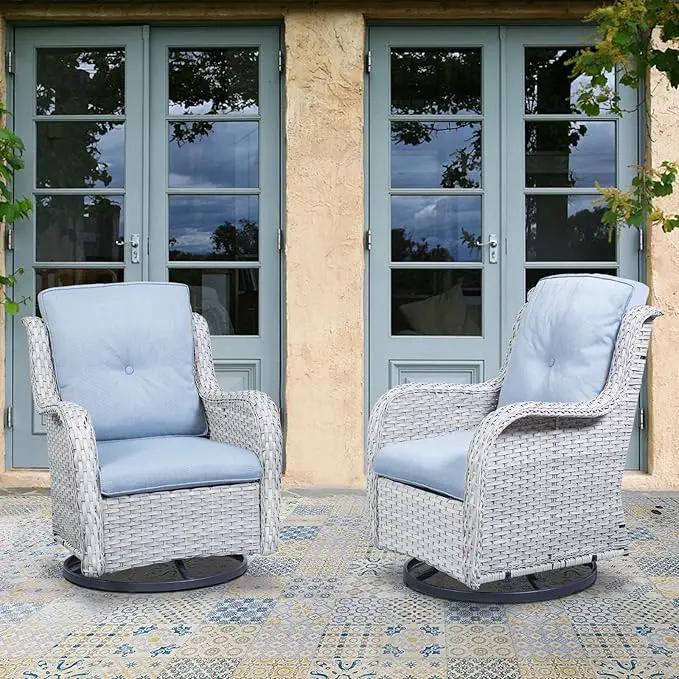 Outdoor Patio Swivel Rocker Chairs - Wicker Rattan Patio Swivel Rocking Chairs Set of 2 with High Back,Deep Seating and Comfort Cushions for Deck Porch Garden,Light Grey/SkyBlue by GreenHaven Gardens