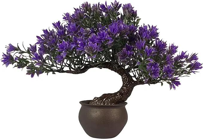 Fake Plants Plastic Artificial Bonsai Tree, Purple Room Decor Bonsai Tree for Home Bedroom Farmhouse Office Desk Decor, Tall 9.5" by GreenHaven Gardens