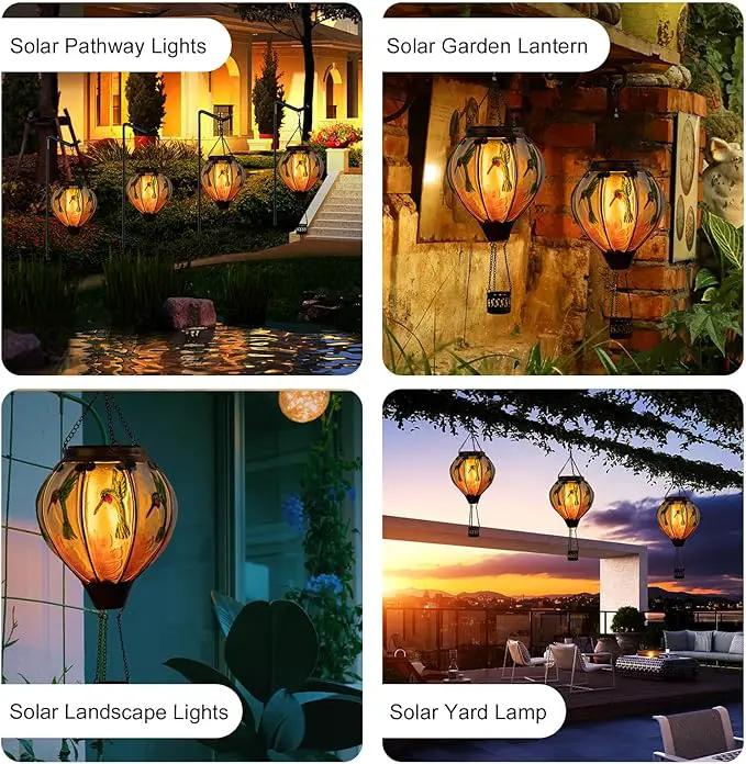 Hummingbird Hot Air Balloon Hanging Solar Lantern Lights, Flickering Flame Solar LED Candle Lights Outdoor Garden Decorative Metal & Glass Waterproof Lanterns for Yard Patio Farmhouse Decoration by GreenHaven Gardens