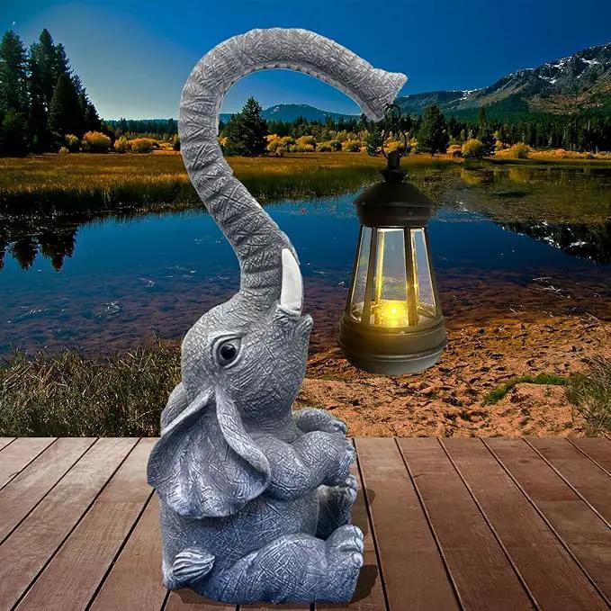 10.6 Inch Statue Elephant with Solar Outdoor Lights for Garden Decor，Lucky Present with Appeal for Birthdays(Man and Women and Family)，Unique Housewarming Presents and Yard Decor. (Gray) by GreenHaven Gardens