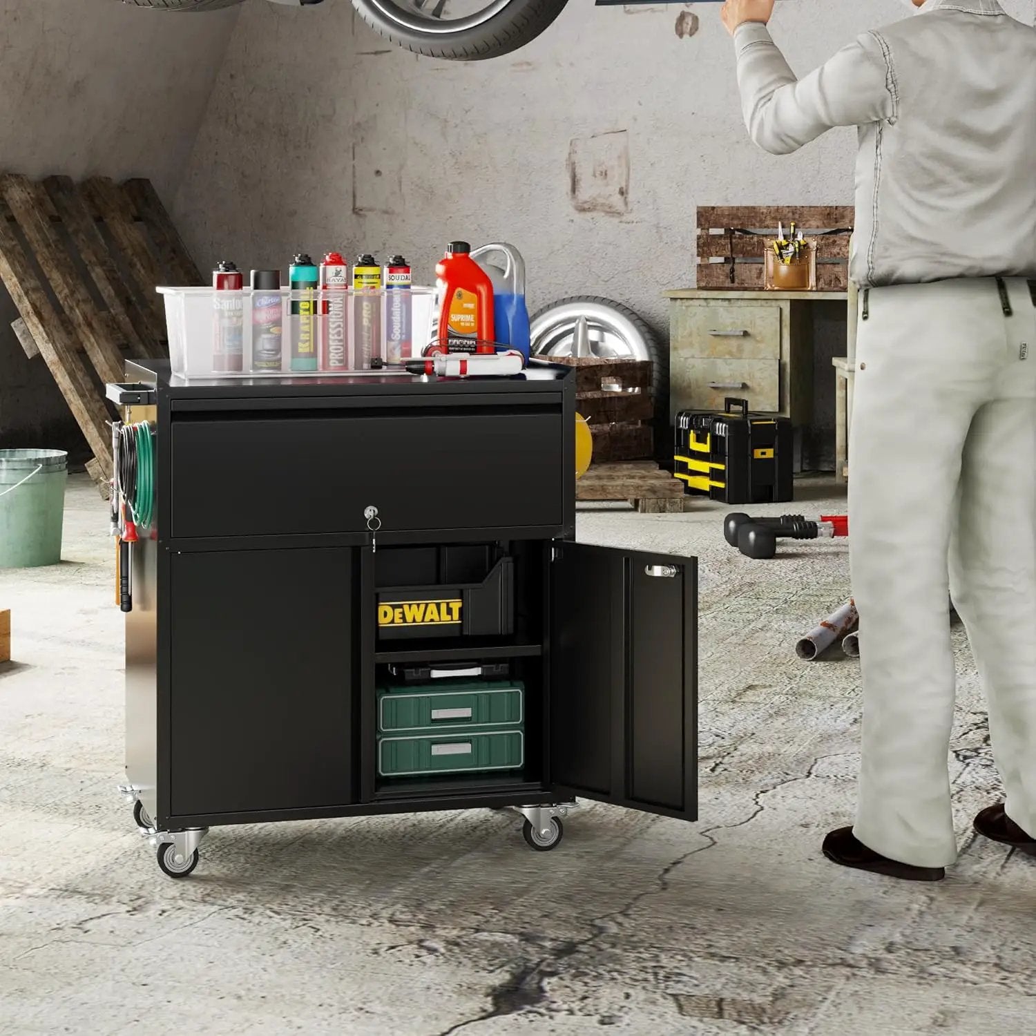 35.43'' H Metal Storage Cabinet on Wheels with 1 Drawer, Rolling Steel Garage Tools Cabinet with Side Pegboard &4 Hooks & 1 Adjustable Shelf for Garage,Shop,Home, Black, Assembly Required by GreenHaven Gardens