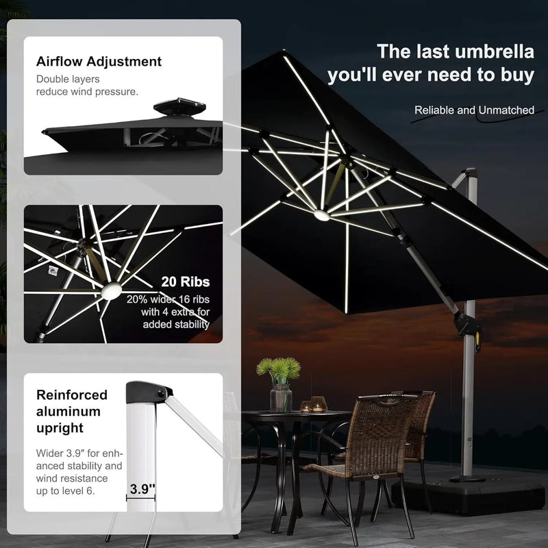 PURPLE LEAF 9 Feet Double Top Deluxe Solar Powered LED Square Patio Umbrella Offset Hanging Umbrella Outdoor Market Umbrella Garden Umbrella, Black by GreenHaven Gardens