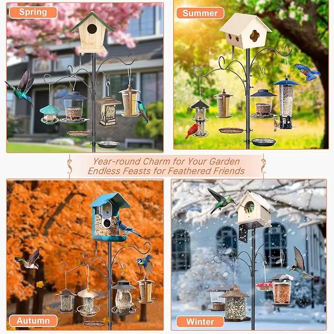 eWonLife 92 Inch Bird Feeder Pole with Squirrel Baffle & Upgraded 9-Prong Base, Adjustable Bird House Pole for Outdoors Heavy Duty, Bird Feeder Stand Post Station with 4 Shepherd Hooks, Birdbath, Tray by GreenHaven Gardens