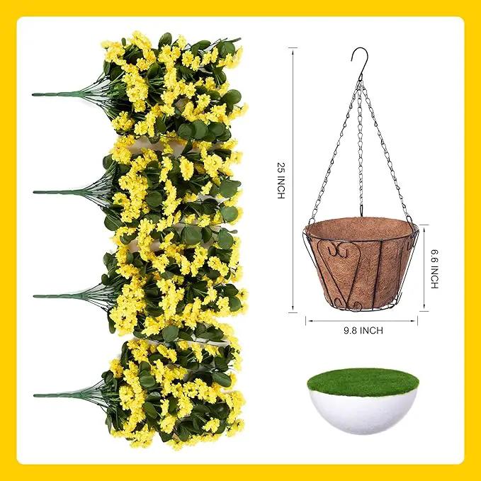NXUGAO Artificial Flowers with Hanging Basket for Outdoors Indoors Decor, Faux Silk Chrysanthemum Plants in Baskets for Home Decoration Garden Yard Patio, 4 Bundles with 1 Basket by GreenHaven Gardens