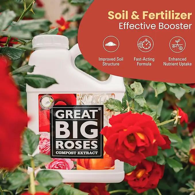 Great Big Roses – Soil and Rose Fertilizer Booster to Grow The Best Roses and Flowers; Rose Food Compost Extract for Rose Bush, 32 Ounce Concentrate (Makes 8 Gallons) by GreenHaven Gardens