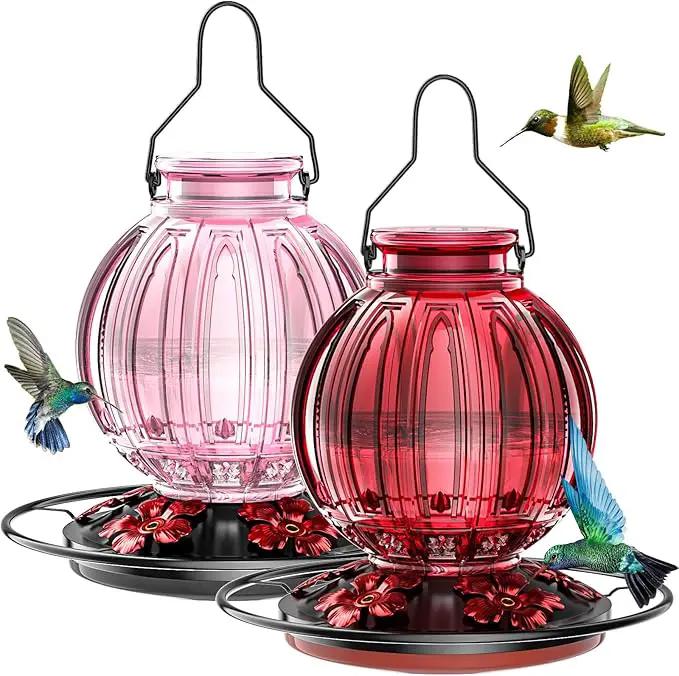 2 Pack Glass Hummingbird Feeder for Outdoors Hanging, Bird Nectar Feeder with Perch & 5 Flower Feeding Ports, 26 Oz Leak Proof for Outside Garden Decor Backyard, Gifts for Women Mom, Red & Pink by GreenHaven Gardens