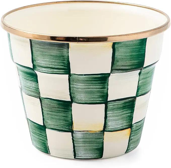 MACKENZIE-CHILDS Enamel Garden Pot, Decorative Pot for Plants, Outdoor Flowerpot Decor, Small, Green-and-White Emerald Check by GreenHaven Gardens