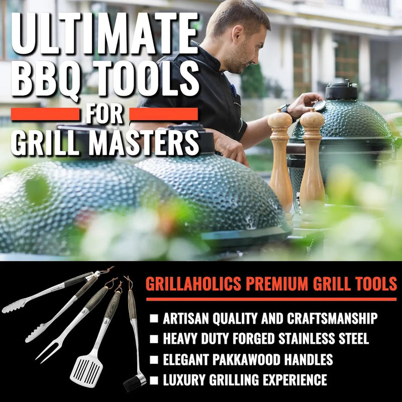 Grillaholics Premium BBQ Grill Tools – The Ultimate Grilling Gift for Dad - Luxury 4-Piece Barbecue Utensils Grill Set with Wooden Gift Box by GreenHaven Gardens