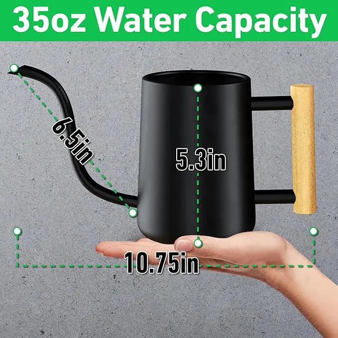 35 Ounce Metal Small Indoor Watering Can with Long Spout & Real Wood Handle for House Plants, Succulents, Cacti & Seedlings - Black Long Spout Watering Can Indoor Plants - Gentle Flow & No Spills by GreenHaven Gardens
