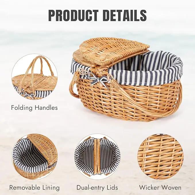 Happypicnic Wicker Picnic Basket with Handle, 15" Large Empty Picnic Basket with Lid & Removable Liner, Vintage Hand Woven Basket for Picnics, Camping, Veg Picking, Mother'S Day, Thanksgiving (Stripe) by GreenHaven Gardens