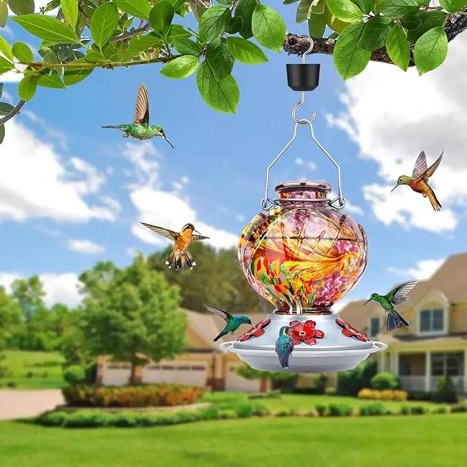 BOLITE Hummingbird Feeder, Hand Blown Glass Hummingbird Feeders for Outdoors Hanging, with Ant Moat and 5 Feeding Ports, 22 Ounces, Peony Flower Shape, Purple, Gifts for Women Men, Gifts for Mom Dad by GreenHaven Gardens