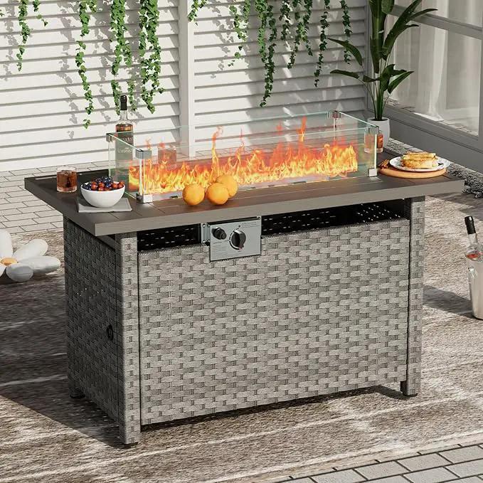 Propane Fire Pit Table Outdoor, 44" 60000BTU Auto-Ignition Fire Pits Table with Wind Guard Square Large Wicker Propane Firepits for Porch Garden(Grey,CSA Certified) by GreenHaven Gardens