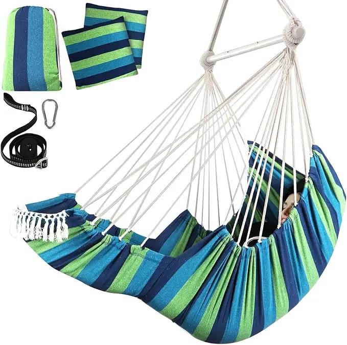 Chihee Hammock Chair Hanging Chair with Foot Rest 2 Cushions Max 500lbs Robust Metal Spreader Bar Collapsible Easy Storage Soft Cotton Swing Chair Strong Strap Iron Carabiner Side Pocket Included by GreenHaven Gardens