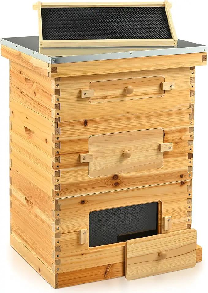 CREWORKS 10 Frame Bee Hive, 3 Layers Beeswax Coated Beehive Starter Kit with Frames & Foundations, Langstroth Bees Hives Box with Transparent Acrylic (Window Medium Box & 2 Deep Boxes) by GreenHaven Gardens