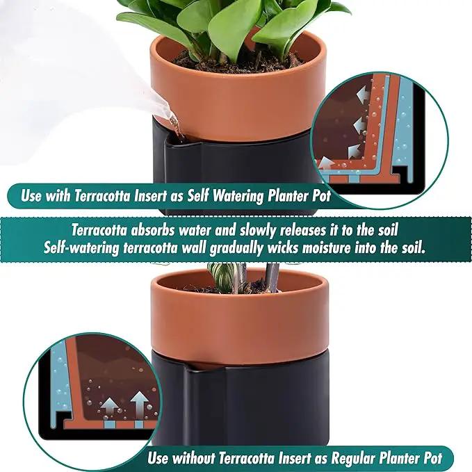 6.5 Inch Self-Watering Planter Pot with Terracotta Insert, Deep Water Reservoir, and Ceramic-Alike BPA-Free Plastic Pot for Plant, Modern Planter for Houseplants, Black/Terracotta, 53-B-S-5 by GreenHaven Gardens