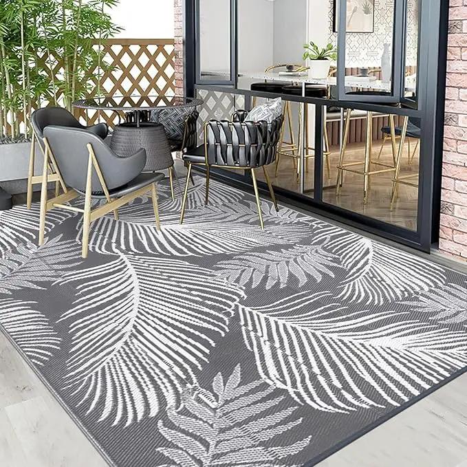 Pauwer Waterproof Outdoor Rug 8x10, Reversible Plastic Straw Patio Camping Rug, Indoor Outdoor RV Mat Carpet for Deck, Camper, Porch, Balcony, Backyard, Picnic, Leaf Grey by GreenHaven Gardens