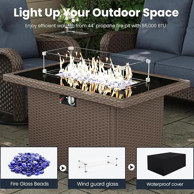 7 Pieces Outdoor Patio Furniture Sets with Single Chairs with 6-inch Thick Cushion and Fire Pit Table for Deck Lawn by GreenHaven Gardens