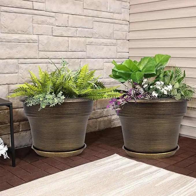 Plant Planters Pots Set of 6 Pack 6 Inch, Plastic Flower Pot for Indoor Plants with Drainage Holes & Trays, Resin Decorative Container Sets with Saucer for House Outdoor Garden Planters Dark Gold by GreenHaven Gardens