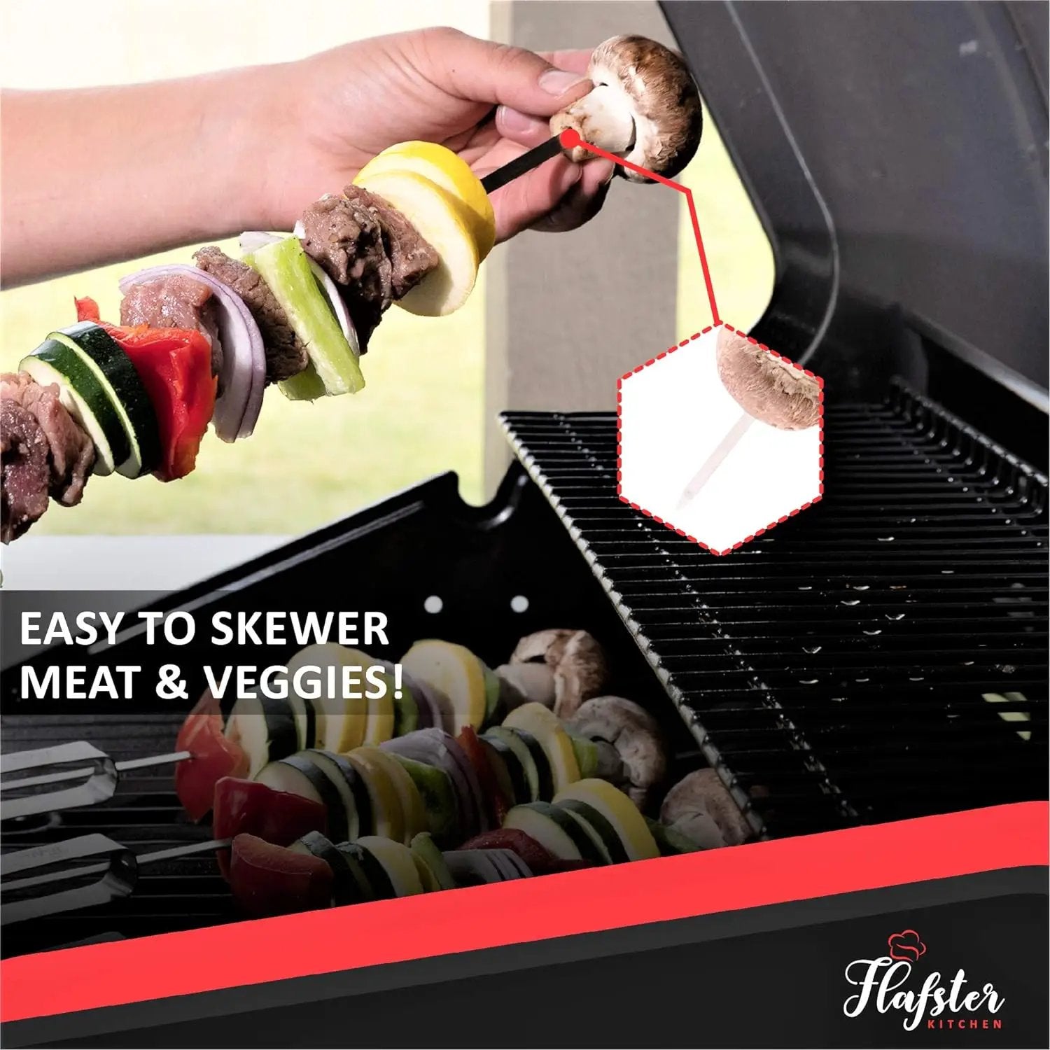 "FLAFSTER KITCHEN BBQ Skewers for Grilling - 16" Stainless Steel Flat Kebab Sticks with Push Bar, Reusable Metal Shish Kabob Skewers, Set of 6" by GreenHaven Gardens
