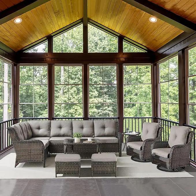 Outdoor Furniture Sectional Sofa L Shaped Couch - Patio Wicker Set with 2 Swivel Glider Chairs, 8 Piece Rattan Patio Conversation Sets with Gray Cushion for Deck Backyard Sunroom Grey Cushion by GreenHaven Gardens