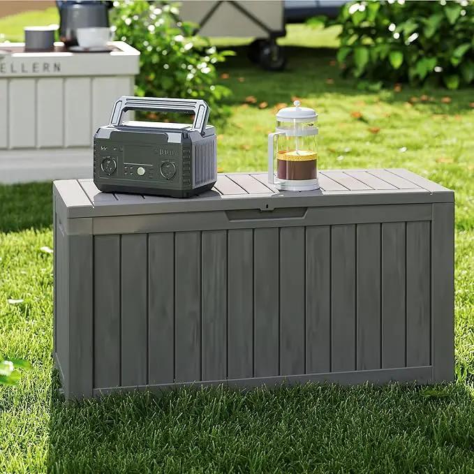 90 Gallon Lockable Resin Deck Box with Wheels, Waterproof & UV-Resistant Outdoor Storage Box for Outdoor Cushion Storage, Garden Tools & Pool Accessories Storage, Gray by GreenHaven Gardens
