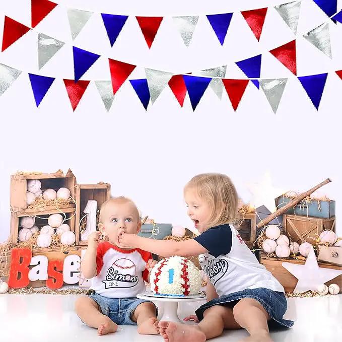 Red Blue Silver Party Decorations Metallic Fabric Triangle Pennant Banner Flag Bunting Garland for Graduations 4th of July American USA National Day Patriotic Veterans Birthday Outdoor Party Supplies by GreenHaven Gardens