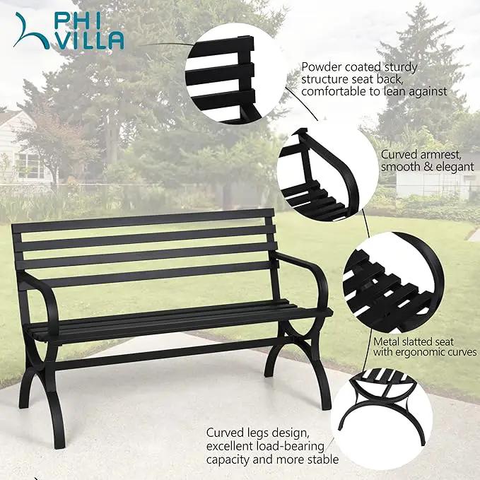 PHI VILLA Outdoor Garden Bench, 48” Long Metal Steel Bench with Backrest and Armrests, Modern Slatted Design for Patio, Lawn, Yard, Porch - Black by GreenHaven Gardens