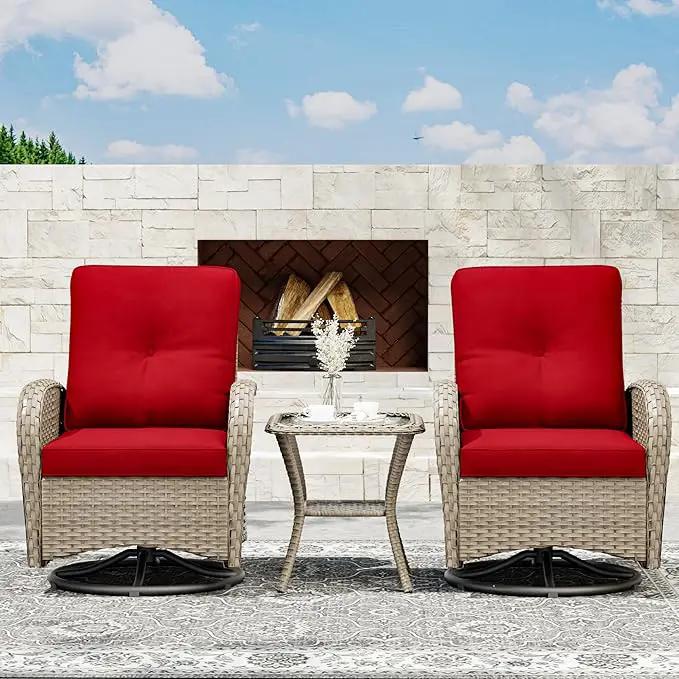 Joyside Outdoor Swivel Rocker Chairs, 3 Piece Wicker Patio Set with Thick Cushion and Side Table, Rattan Patio Swivel Rocking Chairs for Porch, Deck Use (Natural/Red, 3 PCS) by GreenHaven Gardens
