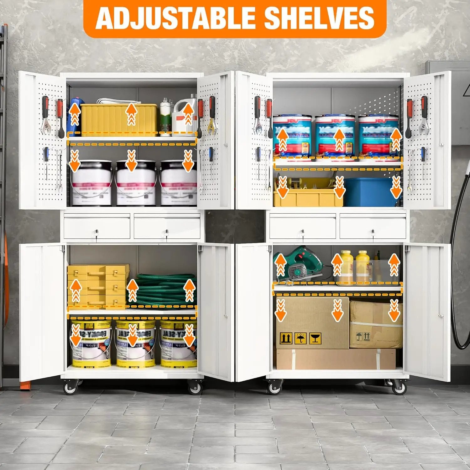 Aobabo Metal Storage Cabinet with 2 Locking Drawer and Pegboard, Steel Rolling Tool Cabinet with 8 Hooks and 2 Adjustable Shelves for Garage, Home, Office, Kitchen Assembly Required, White by GreenHaven Gardens