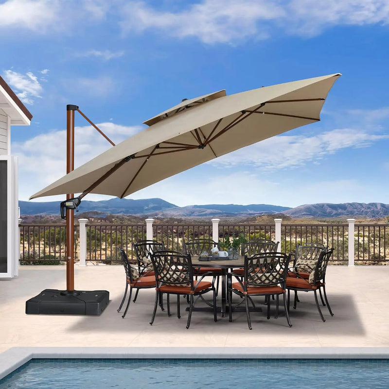 PURPLE LEAF 12' X 12' Patio Large Cantilever Umbrella Outdoor Square Wood Umbrellas Offset Umbrella Heavy Duty Sun Umbrellas for Garden Deck Pool, Deep Beige by GreenHaven Gardens