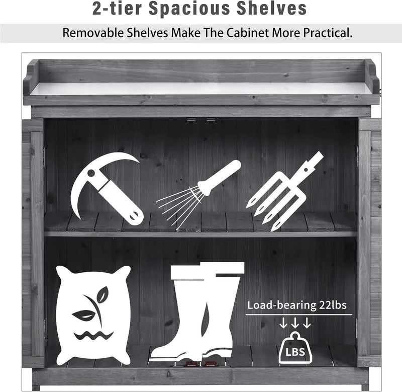 Merax Outdoor 39" Potting Bench Table, Rustic Garden Wood Workstation, Storage Cabinet with 2-Tier Shelves and Side Hook, Grey by GreenHaven Gardens