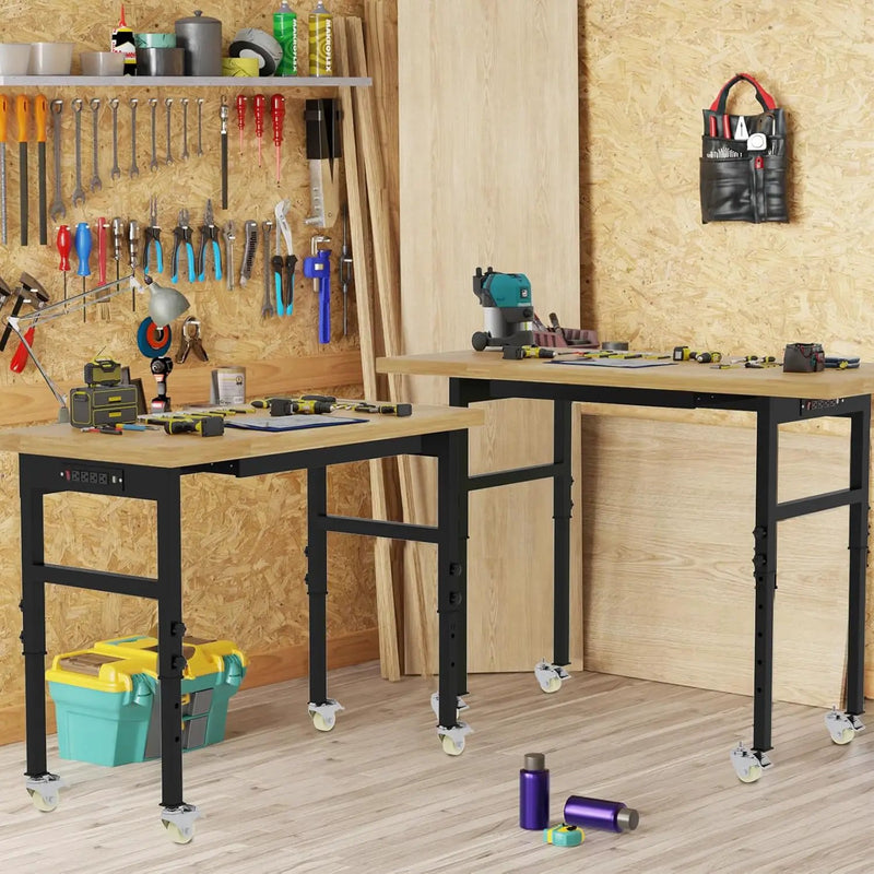 60'' Adjustable Workbench, Solid Wood Work Bench Table with Wheels and Power Outlet, Rolling Workbenchs with Drawers, Large Load Capacity Garage Workbench for Workshop,Office,Home by GreenHaven Gardens