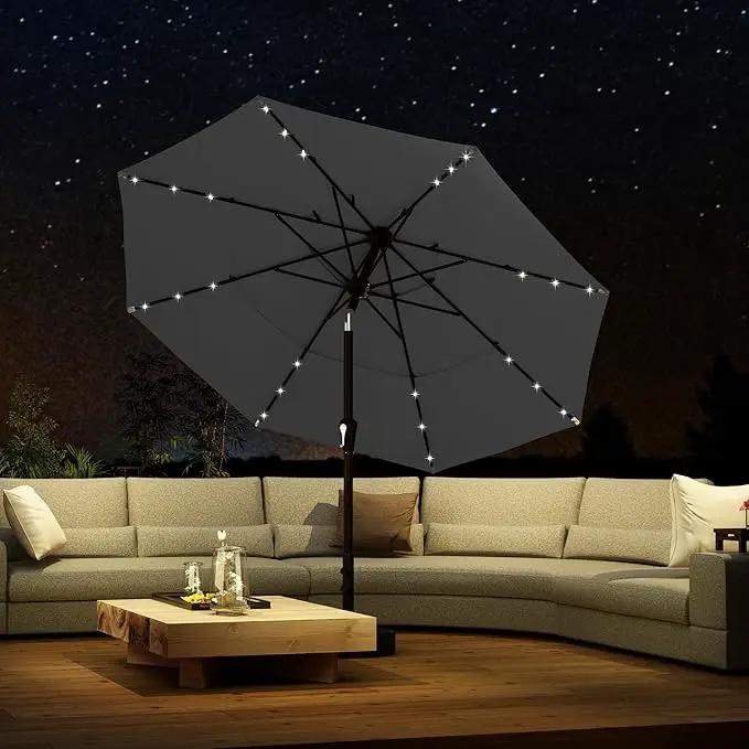 Kingdura 10ft 3-Tier Patio Umbrella with Solar Lights, Table Umbrella Outdoor Patio with Easy Crank & Tilt, 8 Sturdy Ribs, UV Protection, 32 LED Lights for Deck, Poolside, Market (Grey) by GreenHaven Gardens