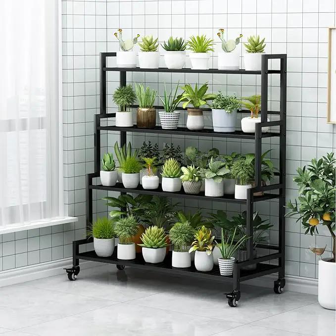 YIZAJIA Plant Stand Indoor 4 Tier Metal Outdoor Tiered Stands Shelf With wheel for Multiple Plants Potted Ladder Plant Holder Table Plant Pot Stand for Window Garden Balcony Living Room (4 Tier-Black) by GreenHaven Gardens