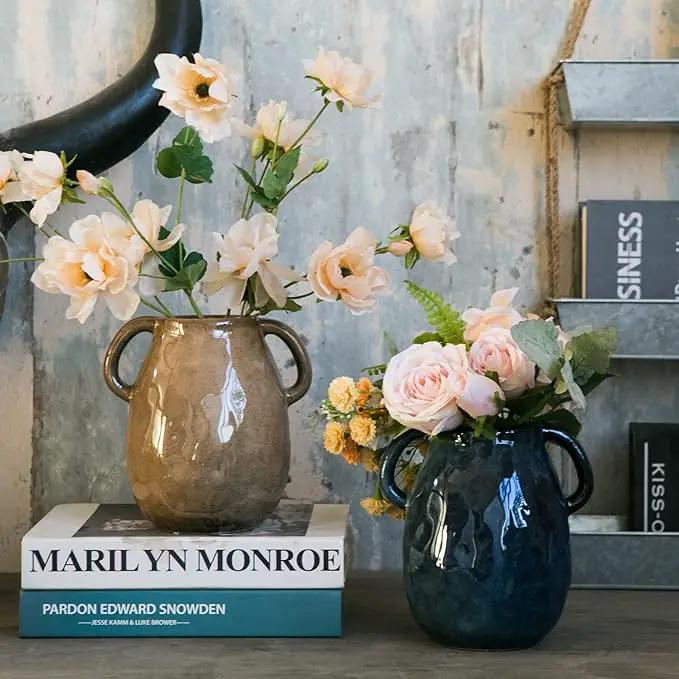 Blue Ceramic Vase with 2 Handles, Modern Farmhouse Decor, Rustic Terracotta Pottery, Decorative Flower Vases, Clay Small Vase, Centerpiece for Dining Table - 7 Inch Tall by GreenHaven Gardens