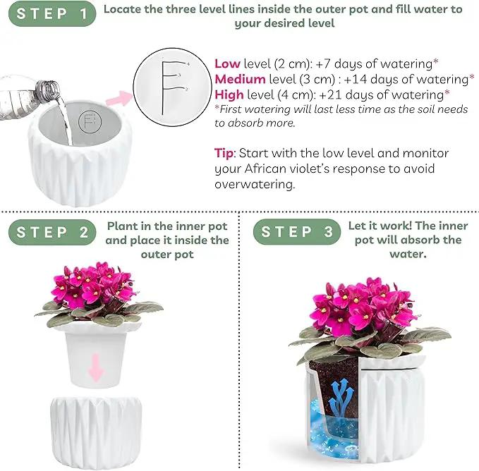 6 inch Self Watering Pot for Indoor Plants, African Violet Pot Ceramic, Flowers Planter (4 inch Opening), Holds 3 Weeks of Water (2 Pack White) by GreenHaven Gardens