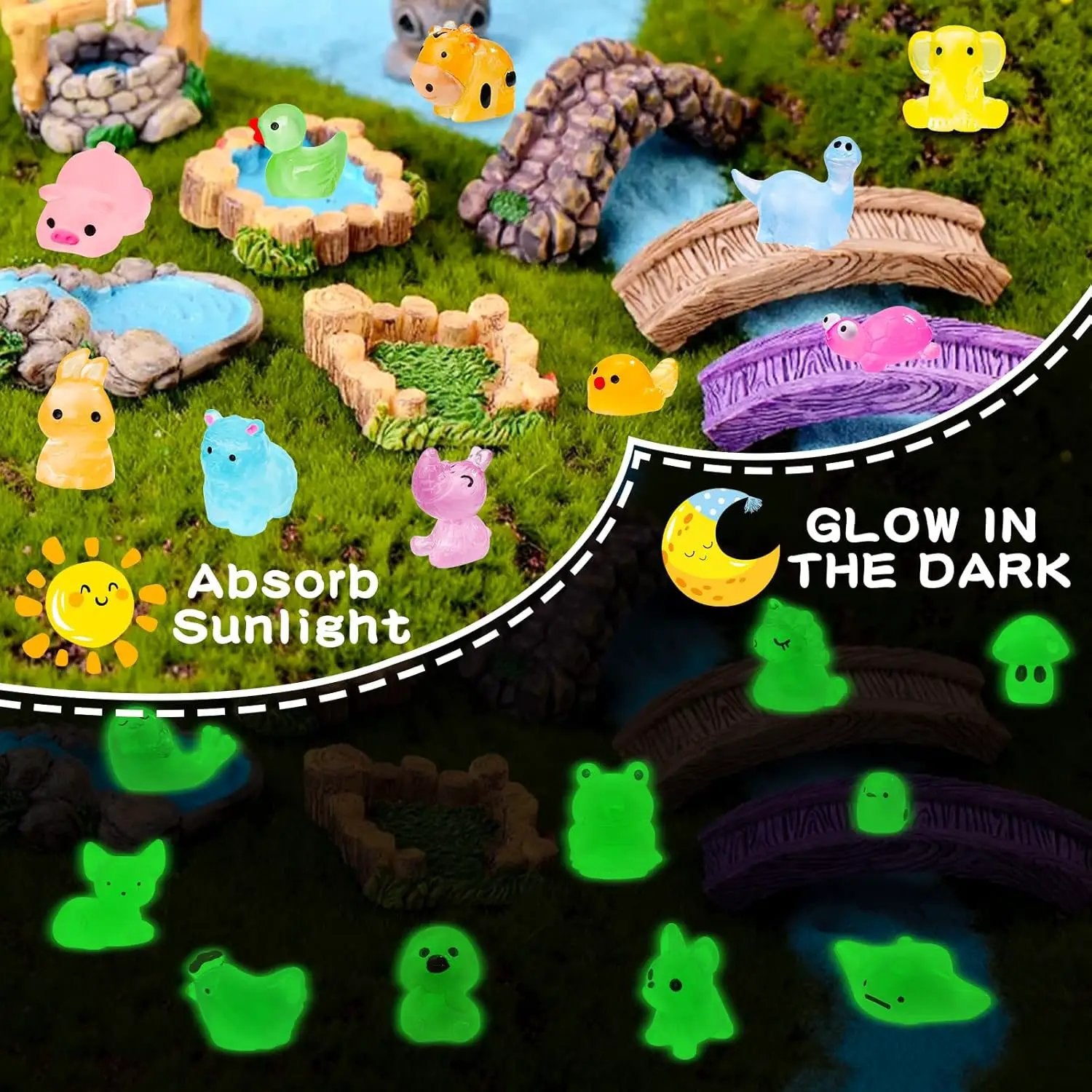 120PCS Glow in The Dark Mini Resin Animals 20 Styles of Luminous Ducks dinosaurswls Frogs and More Tiny Figurines for Fairy Garden Aquarium Terrarium Potted Plants Dollhouse Decor by GreenHaven Gardens