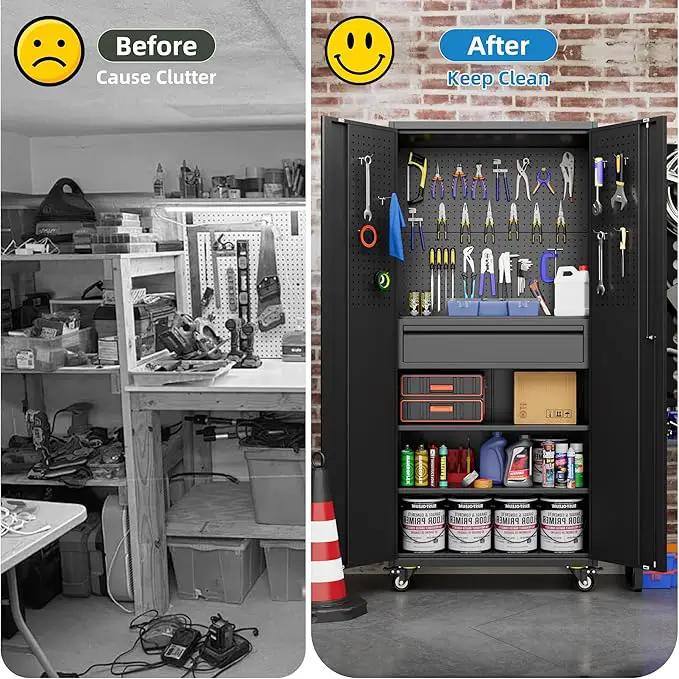 Metal Garage Cabinet with Wheels,71''H Rolling Lockable Steel Tool Cabinet with Pegboard & 1 Drawer for Garage,Home,Office Assembly Required,Black/Red by GreenHaven Gardens