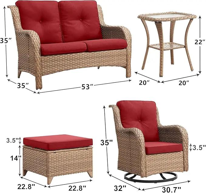 Outdoor Wicker Patio Furniture Set - 6 Piece Rattan Patio Conversation Set with 2 Rocking Swivel Chairs,2 Ottomans,1 Loveseat and 1 Side Table for Porch Deck Backyard Garden(Yellow/Red) by GreenHaven Gardens