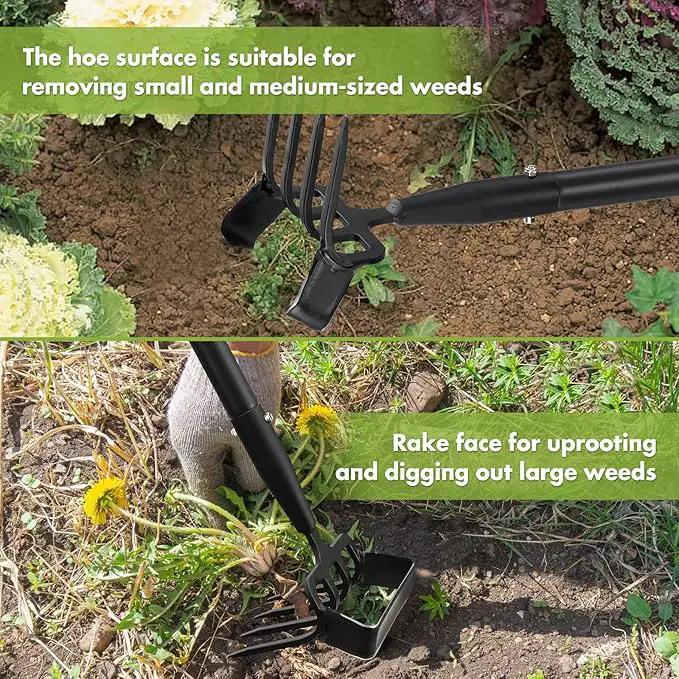 Weed Puller Gardening Tools, Hula Garden Hoe and 4 Tines Rake 2-in-1 Garden Tools for Weeding, Action Stirrup Hoe with 37"-62" Adjustable Long Handle for Lawn,Vegetable Garden Loose Soil and Weeding by GreenHaven Gardens