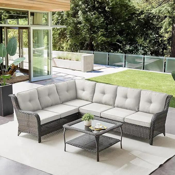 Outdoor Furniture Sectional Sofa L Shaped Couch - Patio Wicker Set with Coffee Table, 3 Piece Rattan Patio Conversation Sets with Beige Cushion for Deck Backyard Sunroom by GreenHaven Gardens