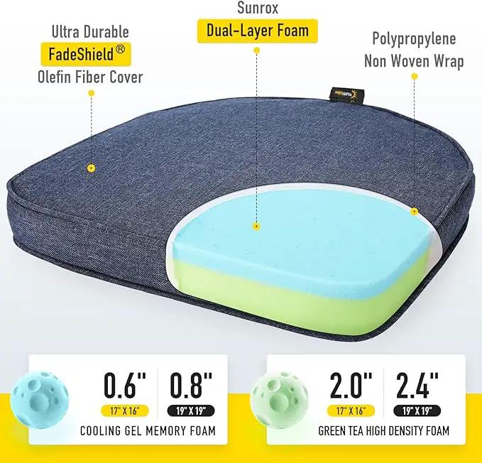 SUNROX Gel Memory Foam Chair Cushion with Ties, Ultra Durable Water Resistant FadeShield Outdoor/Indoor Reversible Chair Seat Cushion 17 x 16 inch Set of 4, Heather Indigo by GreenHaven Gardens