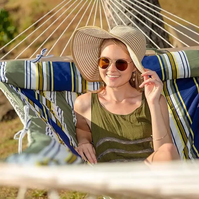 SUNCREAT Hammocks Double Outdoor Hammock with Stand, Cotton Rope Two Person Hammock with Polyester Pad & Large Pillow, Blue& Gray by GreenHaven Gardens