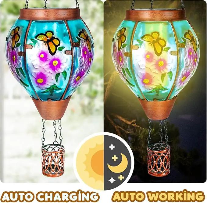 4 Pack Solar Hot Air Balloon Lantern with Flame， Butterfly Glass Outdoor Solar Lanterns for Outside Hanging Farmhouse Patio Pathway Decor, Butterfly Gifts for Women Grandma Mom - Butterfly by GreenHaven Gardens