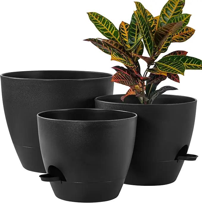 FaithLand 3-Pack Large Planter Pots, 12 10 9 Inch Self Watering Flower Pots for Indoor Outdoor Garden Plants, Black by GreenHaven Gardens