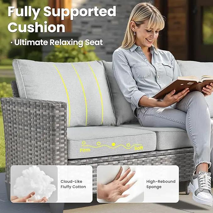 ovios 6 Pieces Patio Furniture Set with 54" Fire Pit Table, Outdoor Wicker Sofa with Comfy Cushions, All Weather High Back Rattan Couch Conversation Set, Grey by GreenHaven Gardens