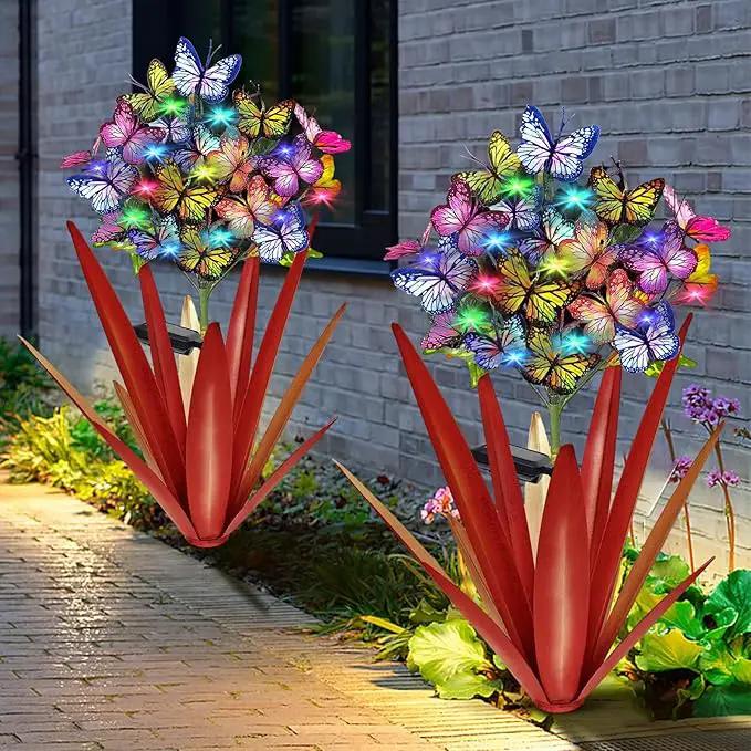 Homight Solar Metal Agave Butterfly Flower Stick Garden Sculpture - Outdoor Christmas Lights, Swaying Solar Lights Gift (2 PCS RED) by GreenHaven Gardens