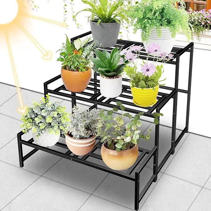 Plant Stand Indoor Outdoor, 3-Tier Wrought Iron Plant Stands, Stackable Metal Plant Shelf Decorative Outdoor Flower Stand Heavy Duty Pedestal Stands for Garden Deck Living Room, Black by GreenHaven Gardens